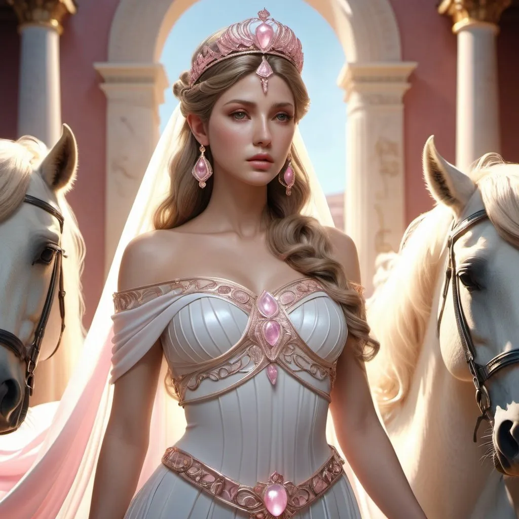 Prompt: HD 4k 3D, hyper realistic, professional modeling, ethereal Greek sister Princesses, shining hair, white skin, gorgeous face, bridal gowns, pink calcite jewelry and headbands, full body, horses, cherubs, surrounded by divine glow, detailed, elegant, ethereal, mythical, Greek, goddess, surreal lighting, majestic, goddesslike aura