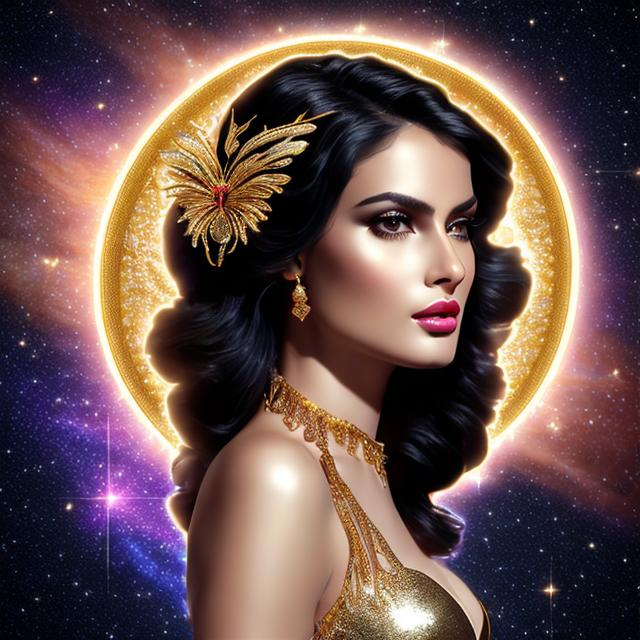 Prompt: HD 4k 3D 8k professional modeling photo hyper realistic beautiful woman ethereal greek goddess fairy of the dawn
black hair gorgeous face dark skin gold gown with roses gold shining jewelry gold shining diadem fairy wings full body surrounded by ambient rosy glow of the sun hd landscape magic cosmic sky changing from night to dawn 

