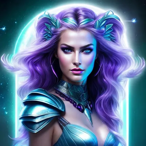 Prompt: HD 4k 3D 8k professional modeling photo hyper realistic beautiful  woman ethereal greek goddess of thunder
green blue and purple hair olive skin gorgeous face shining silver armor shield silver jewelry cloudy headpiece fairy wings full body surrounded by ambient glow hd landscape power of mighty thunder and clouds

