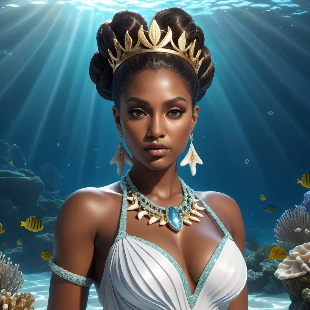 Prompt: HD 4k 3D, hyper realistic, professional modeling, ethereal Greek Sea Goddess and Princess, brunette double buns, dark skin, gorgeous face, mermaid tail, jasper jewelry and starfish crown, full body, Queen of the Sea, white goddess, powerful and strong, surrounded by divine glow, detailed, elegant, ethereal, mythical, Greek, goddess, surreal lighting, majestic, goddesslike aura