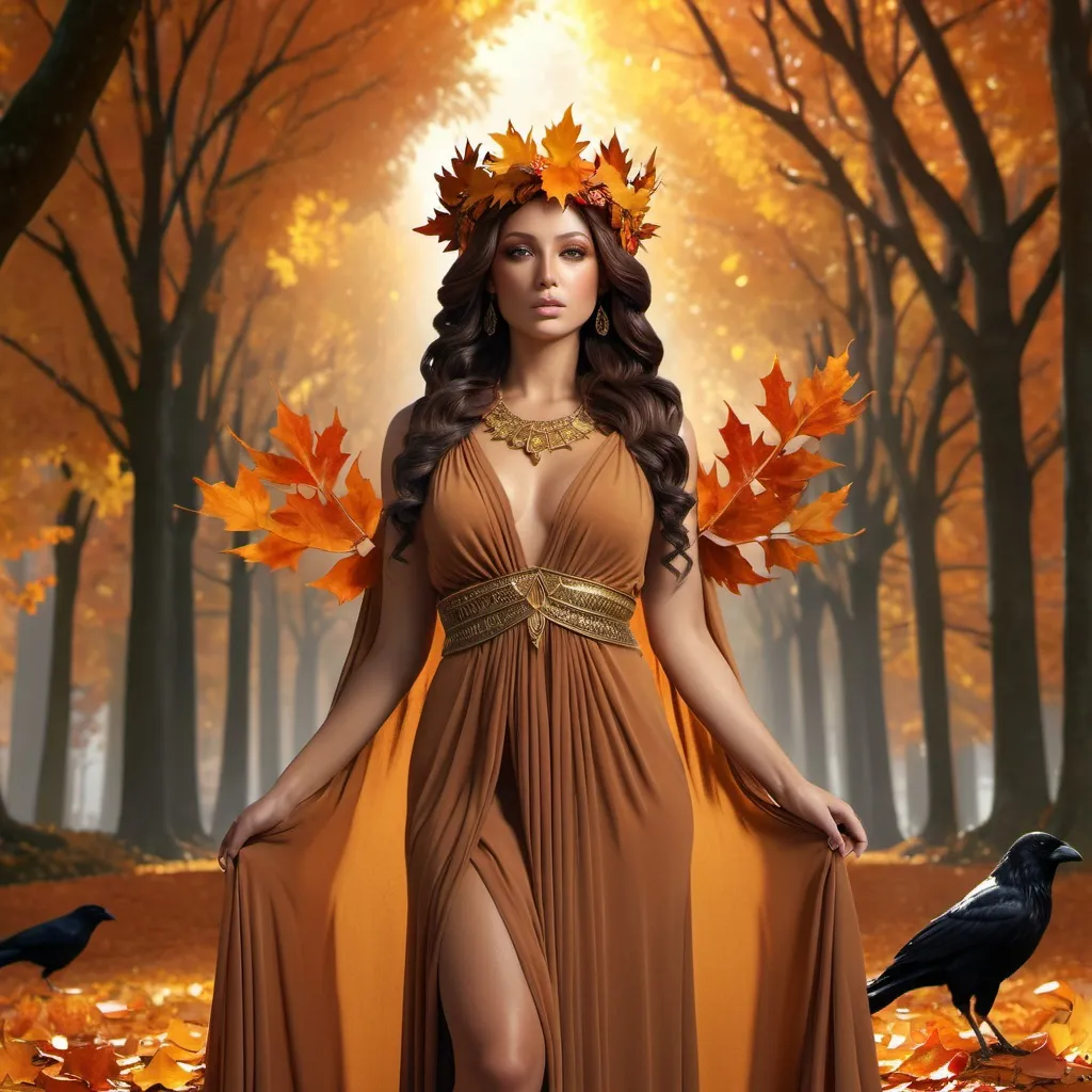 Prompt: HD 4k 3D, hyper realistic, professional modeling, ethereal Greek goddess of Autumn, dark orange hair, tan skin, gorgeous face, grecian chiffon dress, autumn jewelry and autumn leaves crown, full body, embodiment of autumn and changing colors, falling leaves, forest, crows and ravens, detailed, elegant, ethereal, mythical, Greek, goddess, surreal lighting, majestic, goddesslike aura