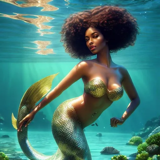 Prompt: HD 4k 3D, hyper realistic, professional modeling, ethereal Greek goddess of fresh water, orange double buns hair, black skin, gorgeous face, gorgeous mermaid, freshwater jewelry and mint leaves diadem, full body, ambient glow, river mermaid, mint leaves plants, landscape, detailed, elegant, ethereal, mythical, Greek, goddess, surreal lighting, majestic, goddesslike aura