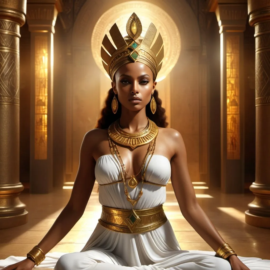 Prompt: HD 4k 3D 8k professional modeling photo hyper realistic beautiful woman Abyssinian princess - Nawa, ethereal greek goddess, Ethiopian goddess, full body surrounded by ambient glow, enchanted, magical, highly detailed, intricate, highly realistic woman, high fantasy background, Queen of Sheba style, elegant, mythical, surreal lighting, majestic, goddesslike aura, Annie Leibovitz style 

