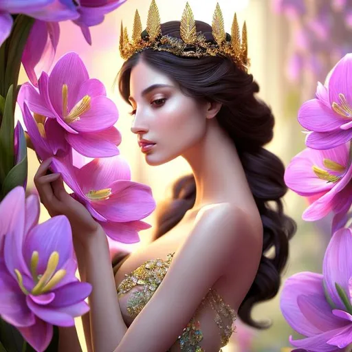 Prompt: HD 4k 3D, hyper realistic, professional modeling, ethereal group of Greek goddesses flowers and blossoms, gorgeous faces, gorgeous grecian  gowns,  jewelry and flowers crowns, nymphs, full body, ambient glow, flower blossoms, hyacinths, landscape, detailed, elegant, ethereal, mythical, Greek, goddess, surreal lighting, majestic, goddesslike aura