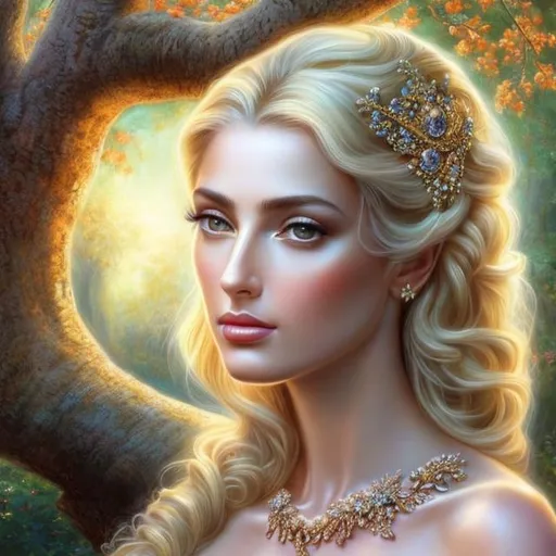 Prompt: HD 4k 3D, hyper realistic, professional modeling, ethereal  Greek goddess of mulberry, blonde hair, tan skin, gorgeous face, gorgeous tree dress, tree jewelry and mulberry tiara, full body, ambient glow, mulberry tree nymph, landscape, detailed, elegant, ethereal, mythical, Greek, goddess, surreal lighting, majestic, goddesslike aura