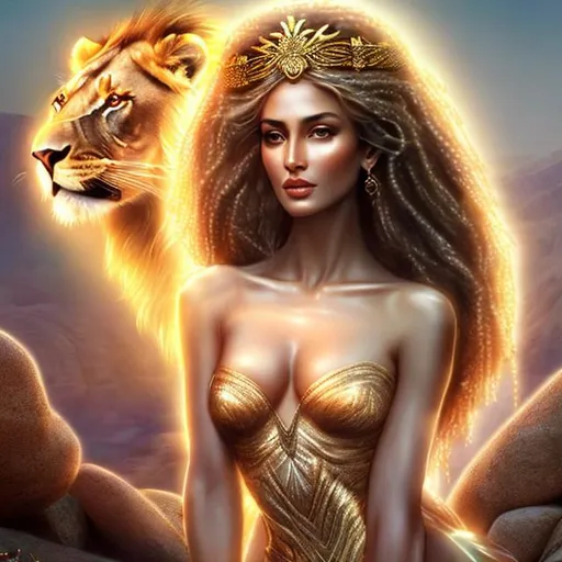 Prompt: HD 4k 3D, hyper realistic, professional modeling, ethereal Greek goddess of beauty, white hair, tan skin, red embroidered gown, gorgeous face, ruby and gold jewelry and headband, full body, ambient glow, beautiful goddess on rocks with a lion, bonfire at evening, detailed, elegant, ethereal, mythical, Greek, goddess, surreal lighting, majestic, goddesslike aura