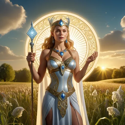 Prompt: tarot card  illustration, Beyla Norse Goddess of argriculture, hyperrealistic, HD 4k 3D 8k professional modeling photo, beautiful fair woman enchanted, standing in a field, surrounded by ambient glow, magical, highly detailed, intricate, mythical background, elegant, surreal lighting, majestic, goddesslike aura