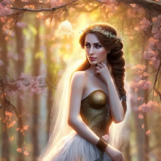 Prompt: HD 4k 3D, hyper realistic, professional modeling, ethereal  Greek goddess of dogwood, rust colored pull through braid hair, fair skin, gorgeous face, gorgeous tree dress, tree jewelry and dogwood handpiece, full body, ambient glow, dogwood tree nymph, landscape, detailed, elegant, ethereal, mythical, Greek, goddess, surreal lighting, majestic, goddesslike aura