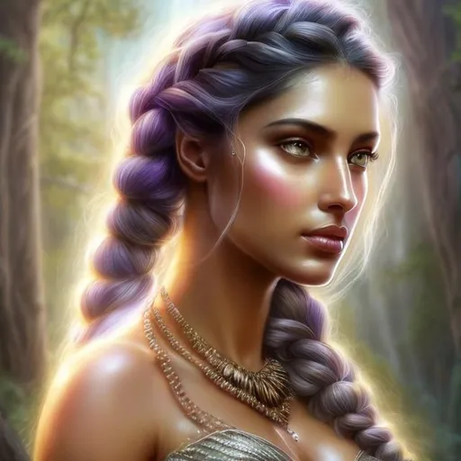 Prompt: HD 4k 3D, hyper realistic, professional modeling, ethereal Greek goddess of mountains, purple braided hair, tan skin, gorgeous face, gorgeous mountain inspired dress,  rustic jewelry and diadem, full body, ambient glow, mountain and rock nymph, landscape, detailed, elegant, ethereal, mythical, Greek, goddess, surreal lighting, majestic, goddesslike aura