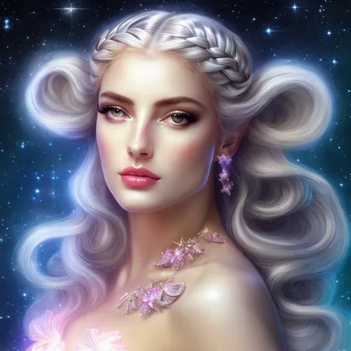 Prompt: HD 4k 3D, hyper realistic, professional modeling, ethereal Greek goddess of the night sky, white and pink bubble braid hair, white skin, gorgeous face, star-studded nightgown, diamond jewelry and diadem, full body, soft ambient glow of starlight, alluring goddess, in the night sky, constellations, detailed, elegant, ethereal, mythical, Greek, goddess, surreal lighting, majestic, goddesslike aura