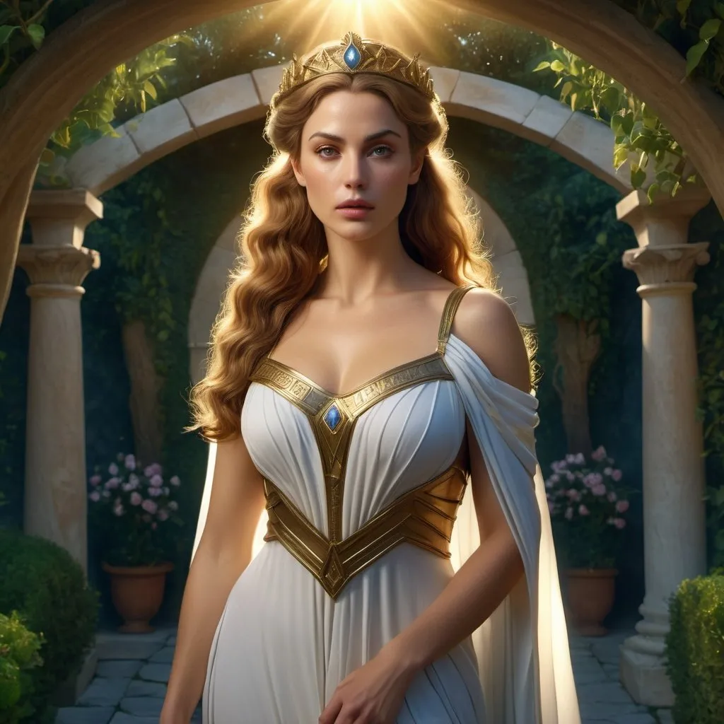 Prompt: HD 4k 3D 8k professional modeling photo hyper realistic beautiful woman Princess of Genovia ethereal greek goddess gorgeous face full body surrounded by ambient glow, enchanted, magical, detailed, highly realistic woman, high fantasy background, European garden countryside, elegant, mythical, surreal lighting, majestic, goddesslike aura, Annie Leibovitz style 

