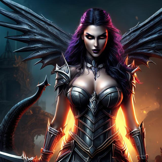 Prompt: HD 4k 3D 8k professional modeling photo hyper realistic beautiful woman ethereal greek fury the jealous one
dark purple snakes for hair dark eyes dark skin gorgeous face fierce greek warrior bloody dress gothic jewelry large bat wings surrounded by ambient glow hd landscape dark spooky underworld river during war
