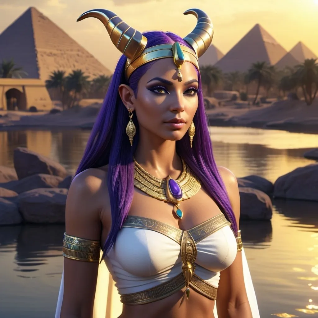 Prompt: HD 4k 3D, 8k, hyper realistic, professional modeling, ethereal Egyptian Soul Goddess Bat, beautiful, glowing olive skin, purple hair, mythical clothing and jewelry, tiara, cow ears and horns full body, cow companions, Nile River in background, surrounded by ambient divine glow, detailed, elegant, surreal dramatic lighting, majestic, goddesslike aura