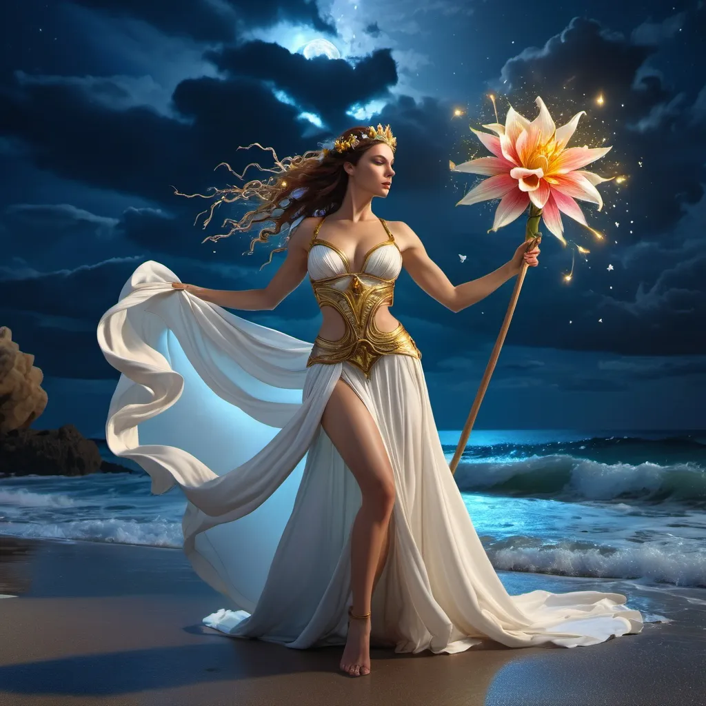 Prompt: HD 4k 3D 8k professional modeling photo hyper realistic beautiful woman enchanted white-magic Tempest Princess Miranda, ethereal greek goddess, full body surrounded by ambient glow, magical, highly detailed, intricate, blossoming colorful flowers on beach near stormy sea, starry night, witch, outdoor landscape, highly realistic woman, high fantasy background, elegant, mythical, surreal lighting, majestic, goddesslike aura, Annie Leibovitz style 

