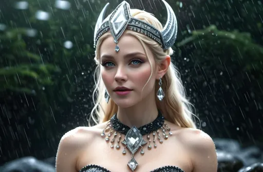 Prompt: Hnoss Norse Goddess of Jewels, hyper realistic, HD 4k 3D, professional modeling, ethereal, shiny black topsy tail hair, pale skin, gorgeous face, gorgeous jewelry and headpiece of diamonds, standing in the rain, covered in diamonds, ambient glow, detailed, elegant, ethereal, mythical, goddess, radiant lighting, majestic, goddesslike aura, Norse Mythology