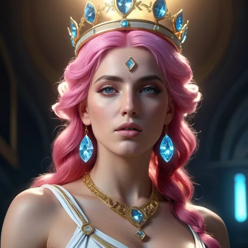 Prompt: HD 4k 3D, 8k, hyper realistic, professional modeling, ethereal Greek Goddess Caeneus, pink hair, fair skin, gorgeous glowing face, androgynous outfit, diamond gemstone jewelry and crown, heroine, powerful, surrounded by ambient divinity glow, detailed, elegant, mythical, surreal dramatic lighting, majestic, goddesslike aura