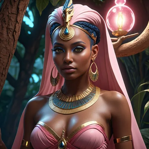Prompt: HD 4k 3D, 8k, hyper realistic, professional modeling, ethereal Egyptian Underworld Goddess Imentet, beautiful, glowing black skin, pink hair, mythical red dress clothing and jewelry, tiara, goddess of the West, full body, living in a tree in paradise, birds of prey, Fantasy setting, surrounded by ambient divine glow, detailed, elegant, surreal dramatic lighting, majestic, goddesslike aura, octane render