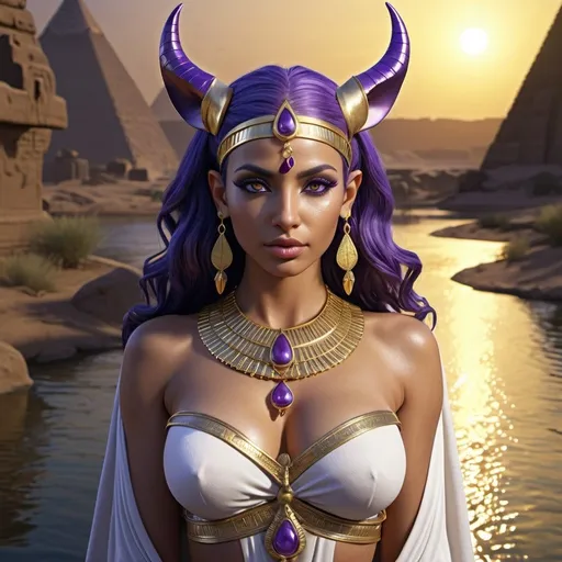Prompt: HD 4k 3D, 8k, hyper realistic, professional modeling, ethereal Egyptian Soul Goddess Bat, beautiful, glowing olive skin, purple hair, mythical clothing and jewelry, tiara, cow ears and horns full body, cow companions, Nile River in background, surrounded by ambient divine glow, detailed, elegant, surreal dramatic lighting, majestic, goddesslike aura