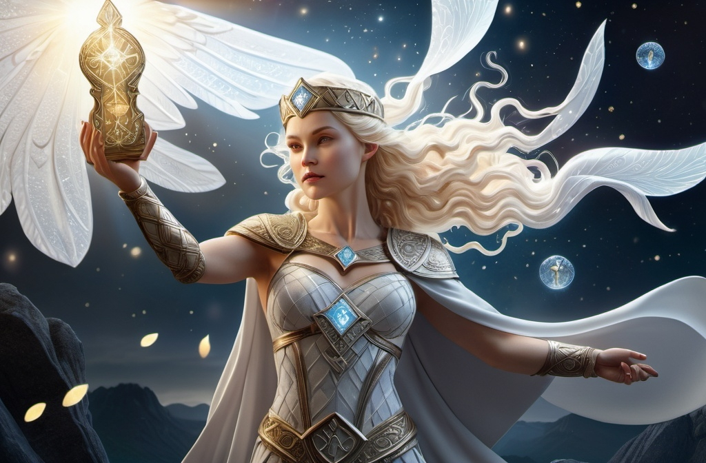 Prompt: tarot card illustration, Dis Norse Goddess of protection, hyperrealistic, HD 4k 3D 8k professional modeling photo, beautiful white maiden, enchanted, battle magic, surrounded by ambient glow, magical, highly detailed, intricate, mythical background, elegant, surreal lighting, majestic, goddesslike aura