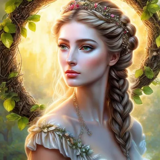 Prompt: HD 4k 3D, hyper realistic, professional modeling, ethereal Greek goddess of fruit trees, green french braided hair, pale skin, gorgeous face, gorgeous apple inspired dress, rustic jewelry and rustic crown, full body, ambient glow, apple tree nymph, landscape, detailed, elegant, ethereal, mythical, Greek, goddess, surreal lighting, majestic, goddesslike aura