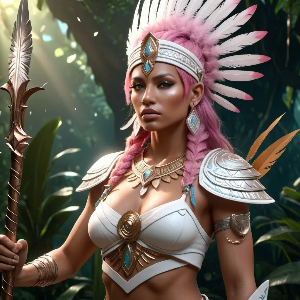 Prompt: HD 4k 3D, 8k, hyper realistic, professional modeling, ethereal Greek Goddess and Amazonian Warrior, pink hair, brown skin, gorgeous glowing face, Amazonian Warrior armor, quartz jewelry and tiara, Amazon warrior, tattoos, full body, jungle, adorned with white feathers and flowers, archer, surrounded by ambient divine glow, detailed, elegant, mythical, surreal dramatic lighting, majestic, goddesslike aura