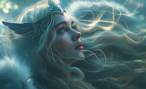 Prompt: Valkyrie Herfjötur,  pre-Raphaelite time-lapse motion blur, High resolution, detailed portrait, ethereal atmosphere,  flowing hair, captivating eyes, cosmic mystical aura, vibrant colors, soft lighting, professional, digital painting, enchanting presence, fantasy, dreamy, female, mystical, detailed hair, captivating gaze, professional lighting, hyper realistic, HD 4k 3D, professional modeling, ethereal, gorgeous face, ambient divine glow, detailed and intricate, elegant, ethereal, mythical, goddess, radiant lighting, 