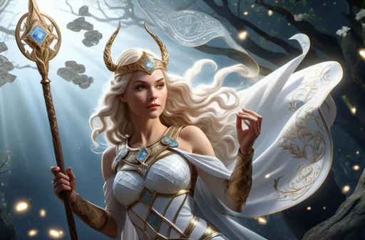 Prompt: tarot card illustration, Dis Norse Goddess of protection, hyperrealistic, HD 4k 3D 8k professional modeling photo, beautiful white maiden, enchanted, battle magic, surrounded by ambient glow, magical, highly detailed, intricate, mythical background, elegant, surreal lighting, majestic, goddesslike aura