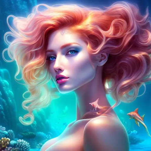 Prompt: HD 4k 3D 8k professional modeling photo hyper realistic beautiful woman ethereal greek goddess Asian sea nymph Oceanid
red hair pale skin gorgeous face ocean jewelry sea headband colored mermaid tail full body surrounded by ambient glow hd landscape under the pacific ocean mermaid 

