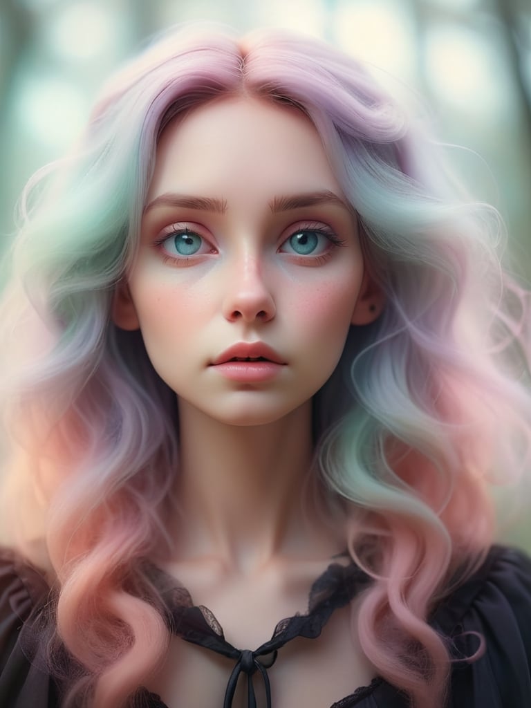 Prompt: Dreamy pastel portrait, witch, ethereal atmosphere, soft focus