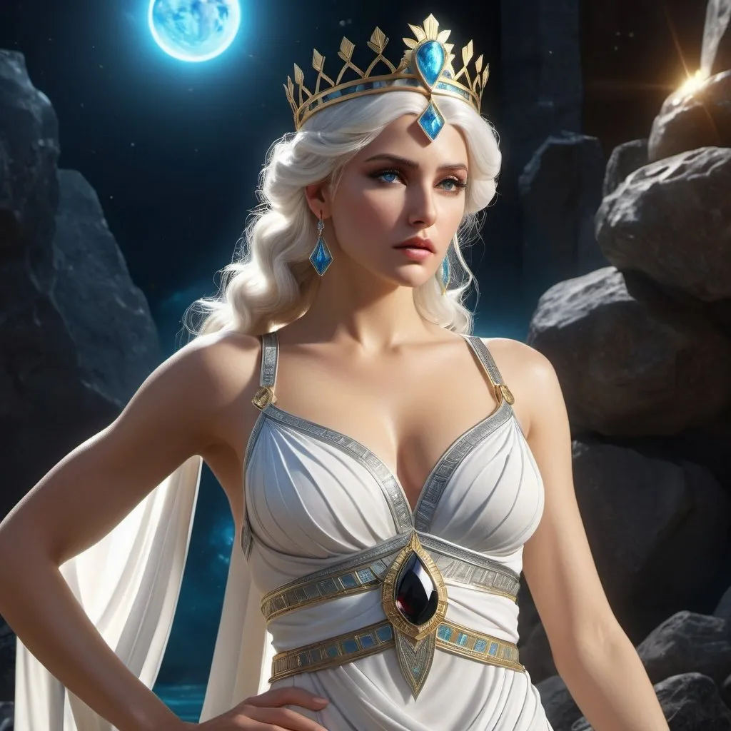 Prompt: HD 4k 3D, 8k, hyper realistic, professional modeling, ethereal Greek Goddess Princess of Sparta, white hair, white skin, gorgeous glowing face, colorful bridal dress, black gemstone jewelry and crown, standing in earthly paradise, surrounded by ambient divinity glow, detailed, elegant, mythical, surreal dramatic lighting, majestic, goddesslike aura