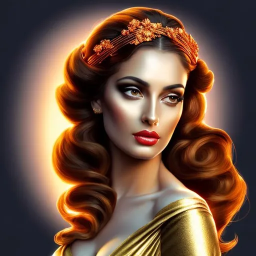 Prompt: HD 4k 3D, hyper realistic, professional modeling, ethereal Greek goddess of evening, black and white victory roll hair, dark skin, gorgeous face, golden orange velvet gown, evening jewelry and headband, full body, soft ambient yellow-orange glow of evening, alluring goddess, evening sky, birds in sky, detailed, elegant, ethereal, mythical, Greek, goddess, surreal lighting, majestic, goddesslike aura