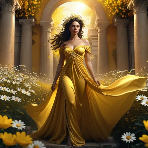 Prompt: HD 4k 3D 8k professional modeling photo hyper realistic beautiful woman Classic Princess ethereal greek goddess 
brunette gorgeous face yellow gown full body surrounded by ambient glow, daisies flowers vegetation, enchanted, magical, detailed, highly realistic woman, high fantasy background, elegant, mythical, surreal lighting, majestic, goddesslike aura, red and black flowers, Annie Leibovitz style 

