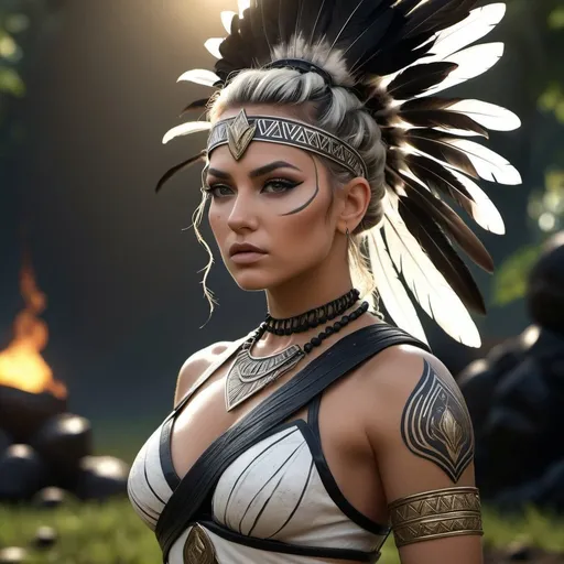 Prompt: HD 4k 3D, 8k, hyper realistic, professional modeling, ethereal Greek Goddess and Amazonian Warrior, white messy bun hair, mixed skin, gorgeous glowing face, Amazonian Warrior armor, obsidian jewelry and headband, Amazon warrior, tattoos, full body, plains and fields, adorned with black feathers, furious and strong, surrounded by ambient divine glow, detailed, elegant, mythical, surreal dramatic lighting, majestic, goddesslike aura
