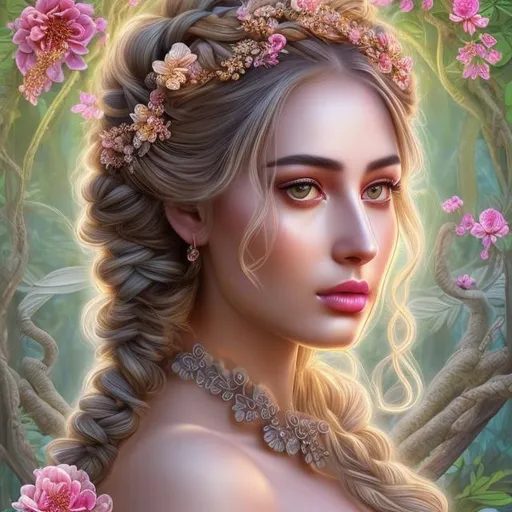 Prompt: HD 4k 3D, hyper realistic, professional modeling, ethereal Greek goddess of blooming flowers, brown and gray hair braided pigtails, dark skin, floral gown, gorgeous face, floral jewelry and floral headband, full body, ambient glow, garden in Spring, beautiful bright blooming flowers, swamps and vegetation, detailed, elegant, ethereal, mythical, Greek, goddess, surreal lighting, majestic, goddesslike aura