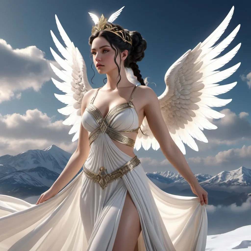 Prompt: HD 4k 3D, hyper realistic, professional modeling, ethereal Greek Goddess of Cold Mountain Winds, black pigtails hair, pale skin, gorgeous face, billowing gown and wings, marble jewelry and tiara, full body, flying through clouds, snow capped mountains, wind goddess, surrounded by divine glow, detailed, elegant, ethereal, mythical, Greek, goddess, surreal lighting, majestic, goddesslike aura