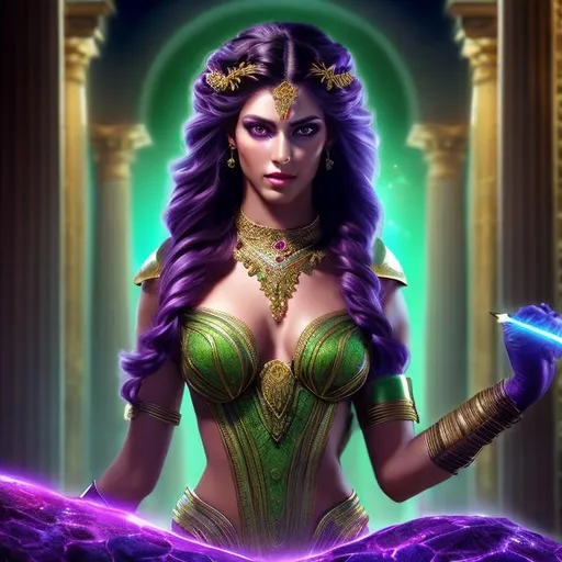 Prompt: HD 4k 3D 8k professional modeling photo hyper realistic beautiful woman ethereal greek goddess of discipline
dark purple hair in braid green eyes gorgeous face fair skin muscular body feminine armor jewelry and diadem full body surrounded by ambient glow hd landscape background she is guarding treasure in temple
