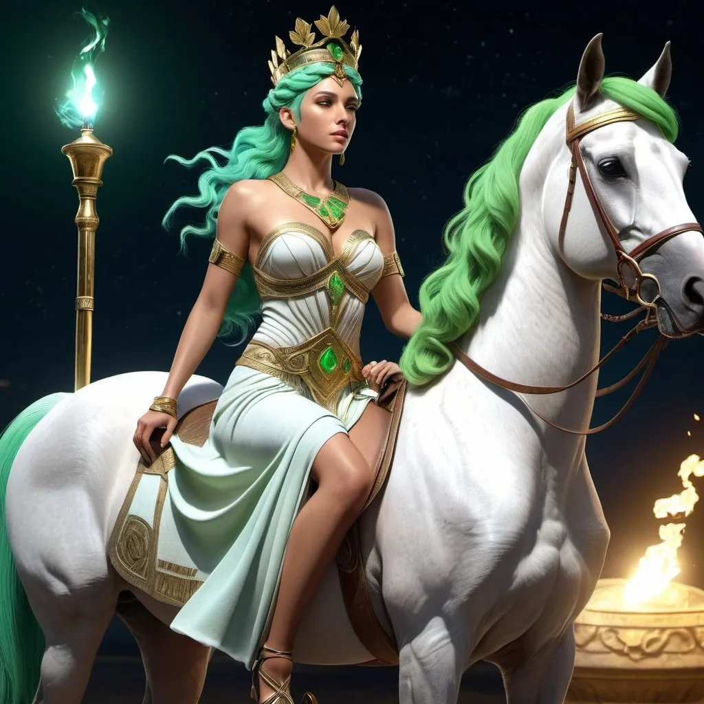 Prompt: HD 4k 3D, hyper realistic, professional modeling, ethereal Greek Goddess of Crossroads, bright green hair, mixed skin, gorgeous face,  grecian gown, lapiz jewelry and crown, holding a torch riding a horse, full body, crossroads at night, dog companion, protector, detailed, elegant, ethereal, mythical, Greek, goddess, surreal lighting, majestic, goddesslike aura