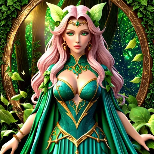 Prompt: anime, girl, detailed, very detailed, anime, girl, detailed, pink hair, very detailed, HD 4k 3D 8k professional modeling photo hyper realistic beautiful woman enchanted, Princess Ivy of Xanth, She can enhance people and objects; for example, by improving their endurance and aim. Ivy is capable of enhancing any quality she desires, or even to make things as she unconsciously perceives them, She has blonde hair with a tinge of green, close up surrounded by ambient glow, magical, highly detailed, intricate, outdoor  landscape, high fantasy background, elegant, mythical, surreal lighting, majestic, goddesslike aura, Annie Leibovitz style 