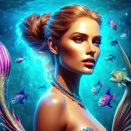 Prompt: HD 4k 3D 8k professional modeling photo hyper realistic beautiful woman ethereal greek goddess Australian aboriginal mermaid
silver ponytail hair dark freckled skin gorgeous face jewelry tiara colored mermaid tail full body surrounded by ambient glow hd landscape great barrier reef

