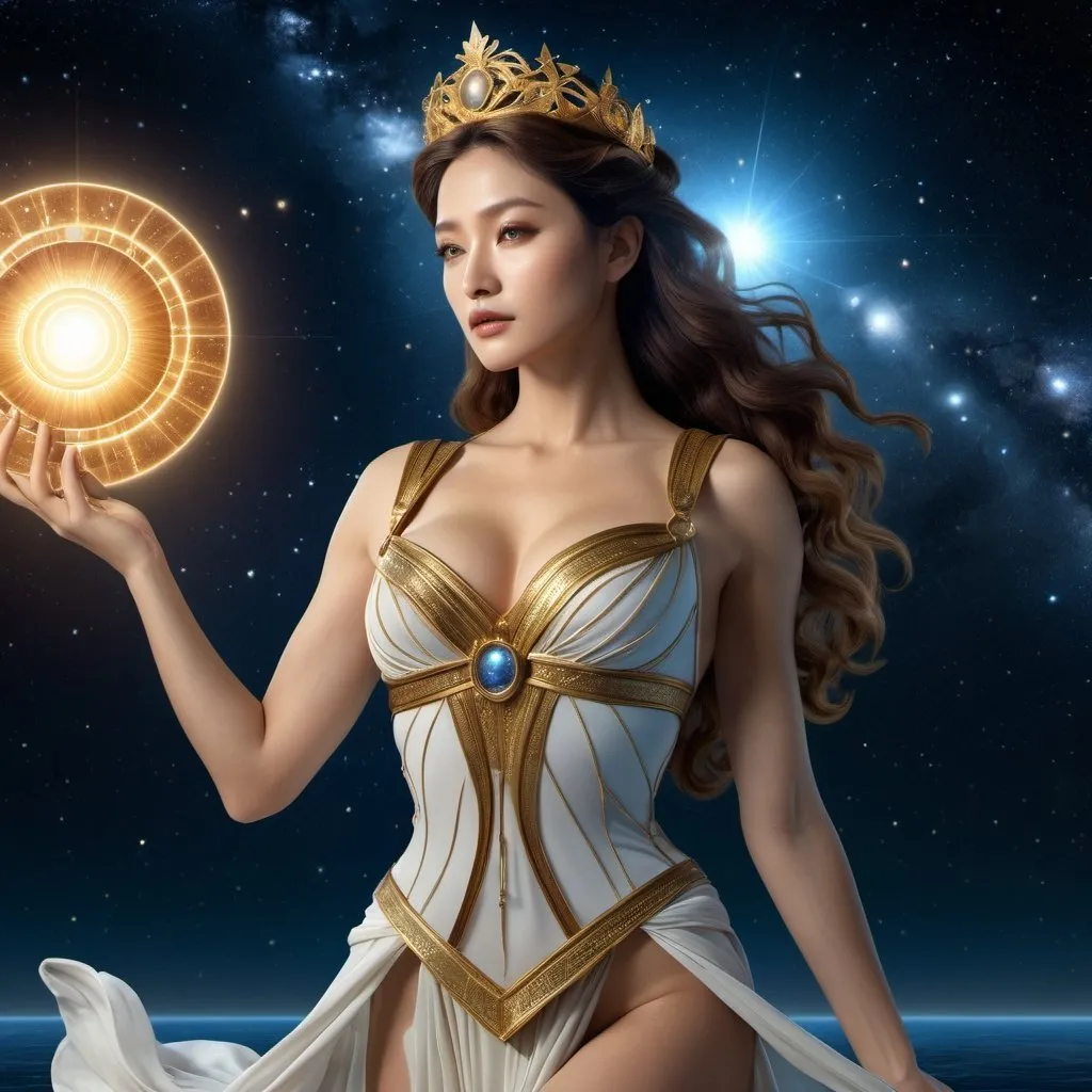 Prompt: HD 4k 3D 8k professional modeling photo hyper realistic beautiful woman enchanted Universe Princess Kakyuu, ethereal greek goddess, full body surrounded by ambient glow, magical, highly detailed, intricate, beautiful Sailor Kakyuu style, solar system, starlight, outdoor landscape, highly realistic woman, high fantasy background, elegant, mythical, surreal lighting, majestic, goddesslike aura, Annie Leibovitz style 

