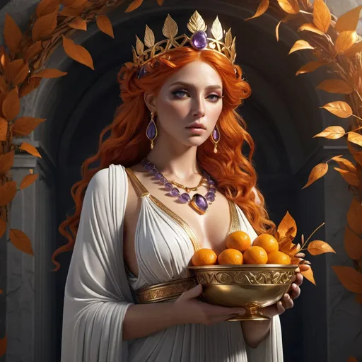 Prompt: HD 4k 3D, hyper realistic, professional modeling, ethereal Greek Muse of Tragedy, bright orange hair, mixed skin, gorgeous face, grecian long sleeved dress, amethyst jewelry and crown of leaves, full body, in mourning, goblet, in tomb, holding dagger, precious jewels,  detailed, elegant, ethereal, mythical, Greek, goddess, surreal lighting, majestic, goddesslike aura