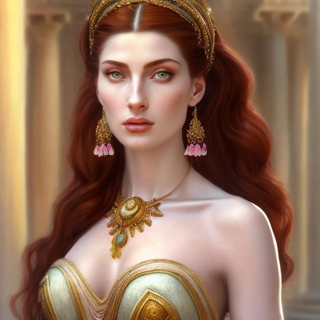 Prompt: HD 4k 3D, hyper realistic, professional modeling, ethereal Greek warrior goddess, pink and red hair, pale skin, gorgeous face, gorgeous peasant gown, modest jewelry and headband, full body, ambient glow, agriculture goddess, standing in front of flour mills, detailed, elegant, ethereal, mythical, Greek, goddess, surreal lighting, majestic, goddesslike aura