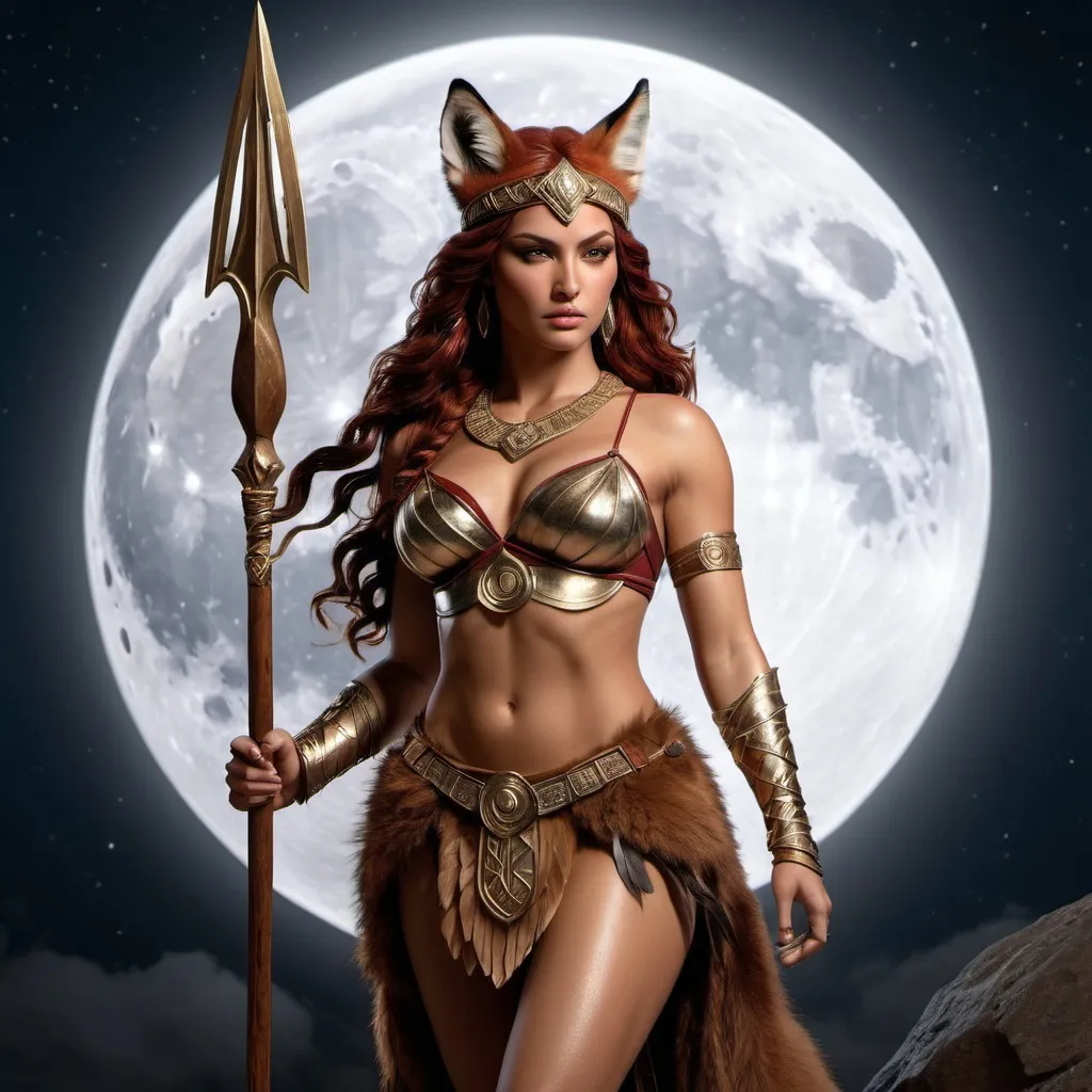 Prompt: HD 4k 3D, hyper realistic, professional modeling, ethereal Greek Goddess of the hunt and the moon, dark red hair, tan skin, gorgeous face, animal pelt armor and boots, barbarian brown jewelry and headband, full body, wooden spear, full moon, red fox companion, detailed, elegant, ethereal, mythical, Greek, goddess, surreal lighting, majestic, goddesslike aura