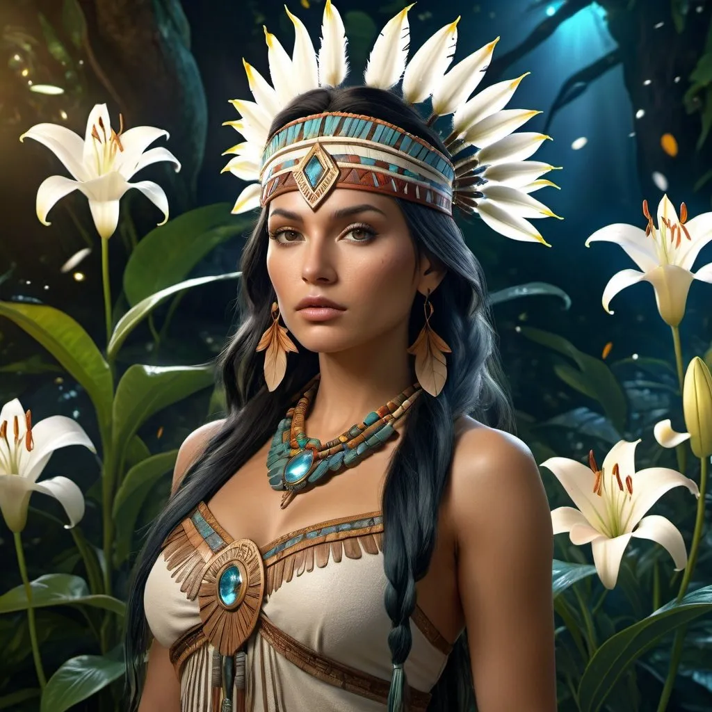 Prompt: HD 4k 3D 8k professional modeling photo hyper realistic beautiful woman Native American Princess of Neverland ethereal greek goddess gorgeous face full body surrounded by ambient glow, enchanted, magical, detailed, highly realistic woman, high fantasy background, Neverland, lilies, elegant, mythical, surreal lighting, majestic, goddesslike aura, Annie Leibovitz style 

