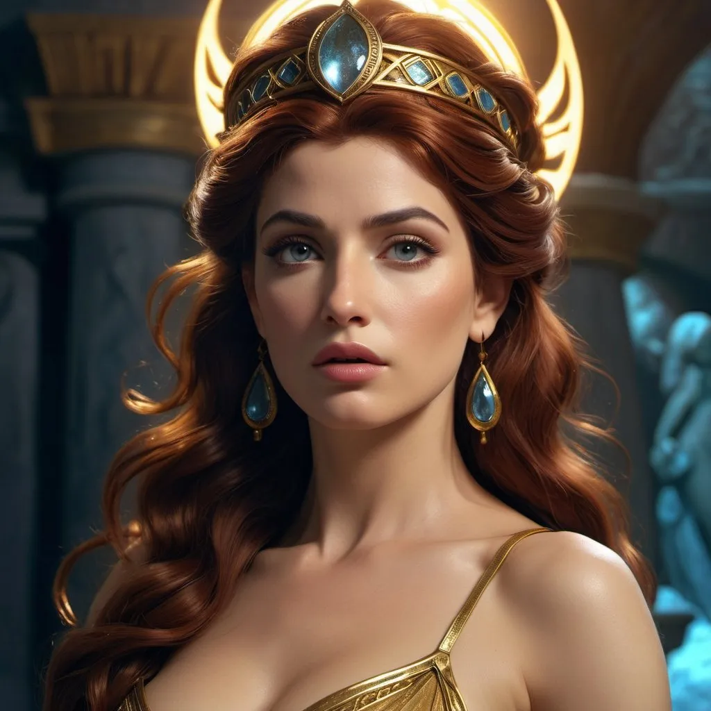 Prompt: HD 4k 3D, hyper realistic, professional modeling, enchanted Theban goddess mythology Princess - Megara, beautiful, magical, detailed, highly realistic woman, high fantasy background, Theban paradise, elegant, ethereal, mythical, Greek goddess, surreal lighting, majestic, goddesslike aura, Annie Leibovitz style 