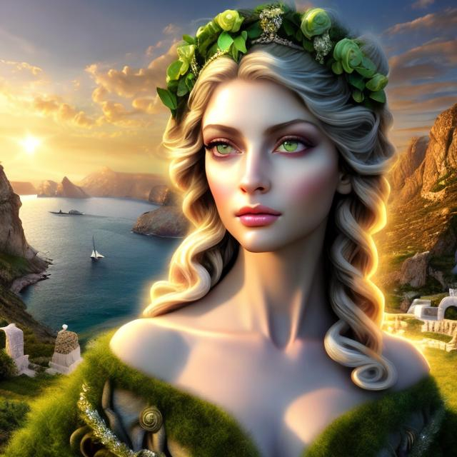 Prompt: HD 4k 3D 8k professional modeling photo hyper realistic beautiful priestess woman ethereal greek goddess of safety and salvation
rose colored hair green eyes pale skin gorgeous face grecian gown evil eye jewelry laurel wreath crown  full body surrounded by ambient holy glow hd landscape background greek coastline lambs and sheep in background
