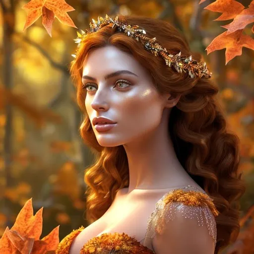 Prompt: HD 4k 3D, hyper realistic, professional modeling, ethereal Greek goddess of autumn, curly auburn hair, fair freckled skin, gorgeous face, gorgeous autumn foliage gown, autumn jewelry and leaf tiara, full body, ambient glow, autumn goddess, autumn forest landscape, detailed, elegant, ethereal, mythical, Greek, goddess, surreal lighting, majestic, goddesslike aura
