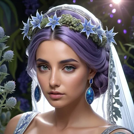 Prompt: HD 4k 3D, 8k, hyper realistic, professional modeling, ethereal Greek Goddess and first woman Pandora, purple half up twist hair, olive skin, gorgeous glowing face, silvery gown, embroidered veil, blue jewelry and garland and silver headband, wild and lush vegetation, pandora's box, sea holly flowers, surrounded by ambient divinity glow, detailed, elegant, mythical, surreal dramatic lighting, majestic, goddesslike aura