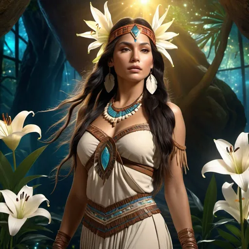 Prompt: HD 4k 3D 8k professional modeling photo hyper realistic beautiful woman Native American Princess of Neverland ethereal greek goddess gorgeous face full body surrounded by ambient glow, enchanted, magical, detailed, highly realistic woman, high fantasy background, Neverland, lilies, elegant, mythical, surreal lighting, majestic, goddesslike aura, Annie Leibovitz style 

