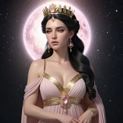 Prompt: HD 4k 3D, hyper realistic, professional modeling, ethereal Greek Goddess of the Months, black half up hair, pale skin, gorgeous face,  grecian shimmering dress, pink morganite jewelry and crown, full body, cosmos, lunar months, astrology, solar, detailed, elegant, ethereal, mythical, Greek, goddess, surreal lighting, majestic, goddesslike aura